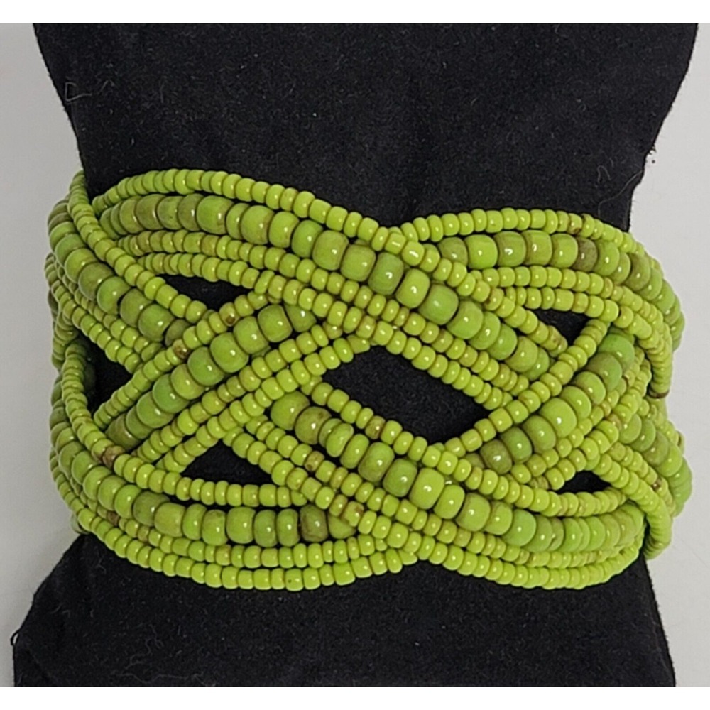 Wide Seed Bead Wrap Bracelet‎ Open Cuff Green Cultural Southwestern